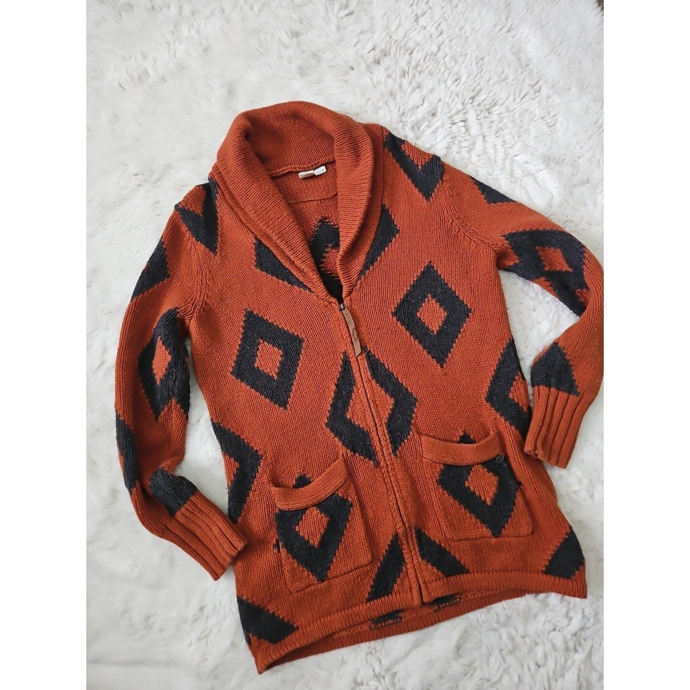 Roxy Camp Fire Geometric Cardigan Sweater Wool Blend Rust Orange Aztec Large